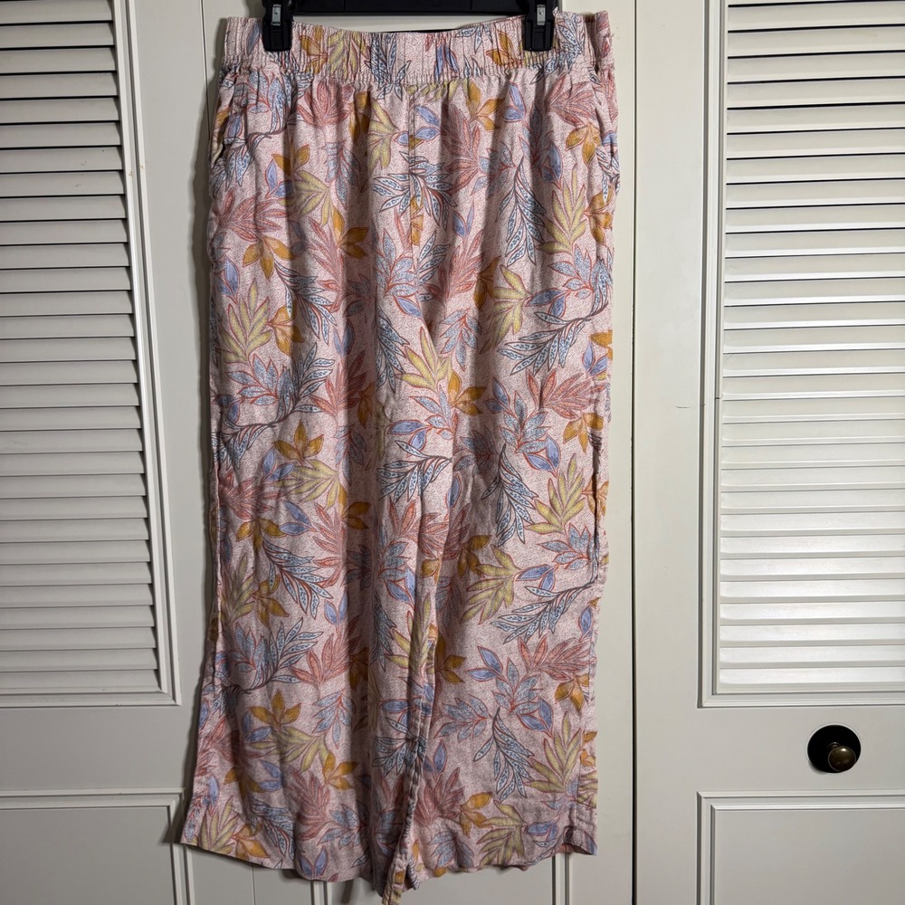 Nicole Miller New York 100% Linen Tropical Leaf Print Wide Leg Pants Pink XL